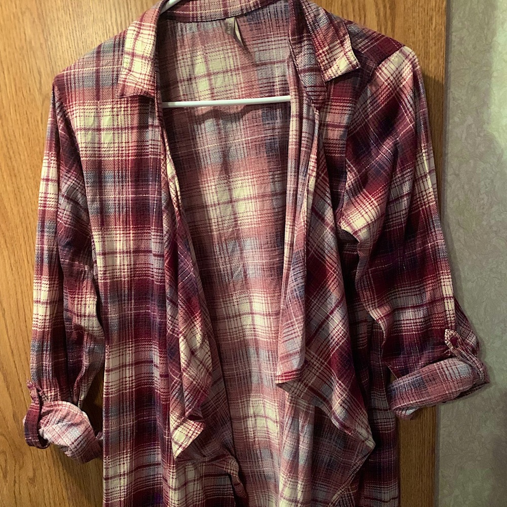 L Vanity cardigan with blue, red and pink plaid